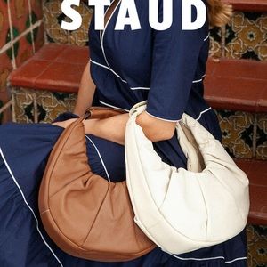 Staud Soft Pleated Leather Moon Bag in Brown